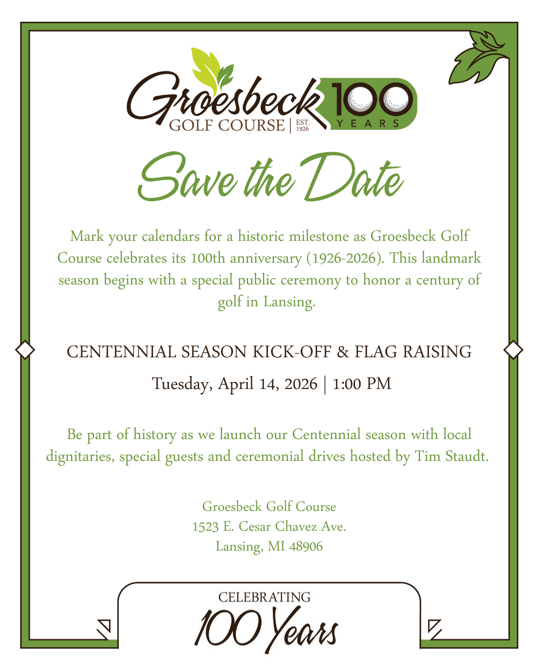 Event announcement for a Centennial Season Kick-off featuring an illustration of a flag being raised on April 14, 2026.